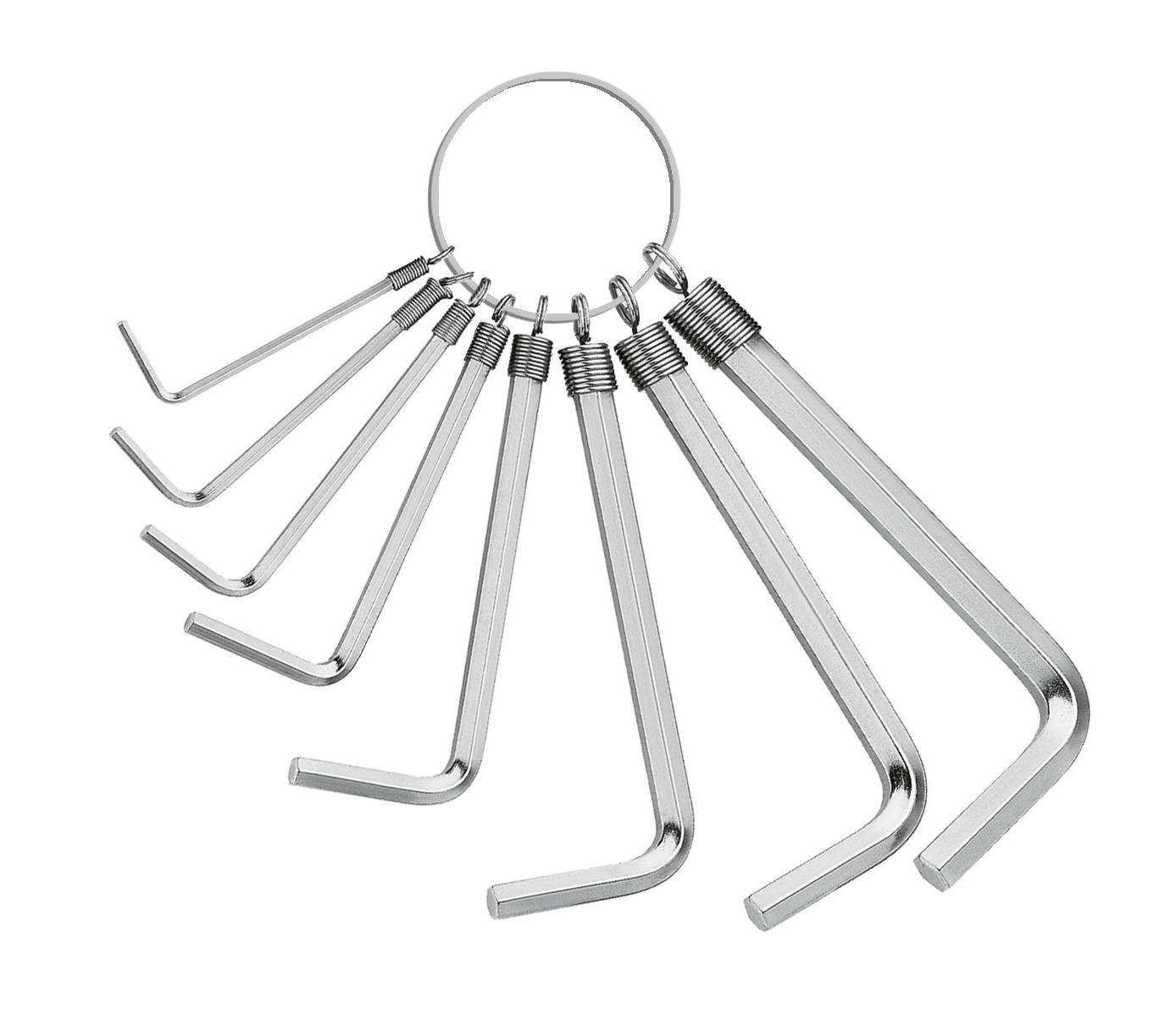 Un set di nove chiavi esagonali di diverse dimensioni su un anello, disposte in ordine crescente.