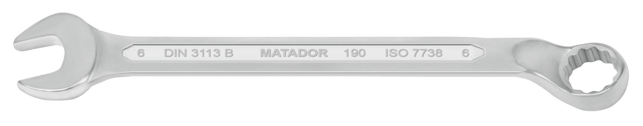 Una chiave inglese in argento con lato aperto e lato a cricchetto, contrassegnata con 'DIN 3113 B', 'MATADOR', '100', 'ISO 7738'.