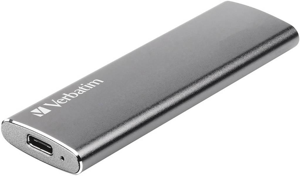 SSD esterno Verbatim in un involucro sottile di colore argento con connettore USB-C, adatto per il trasferimento veloce dei dati.