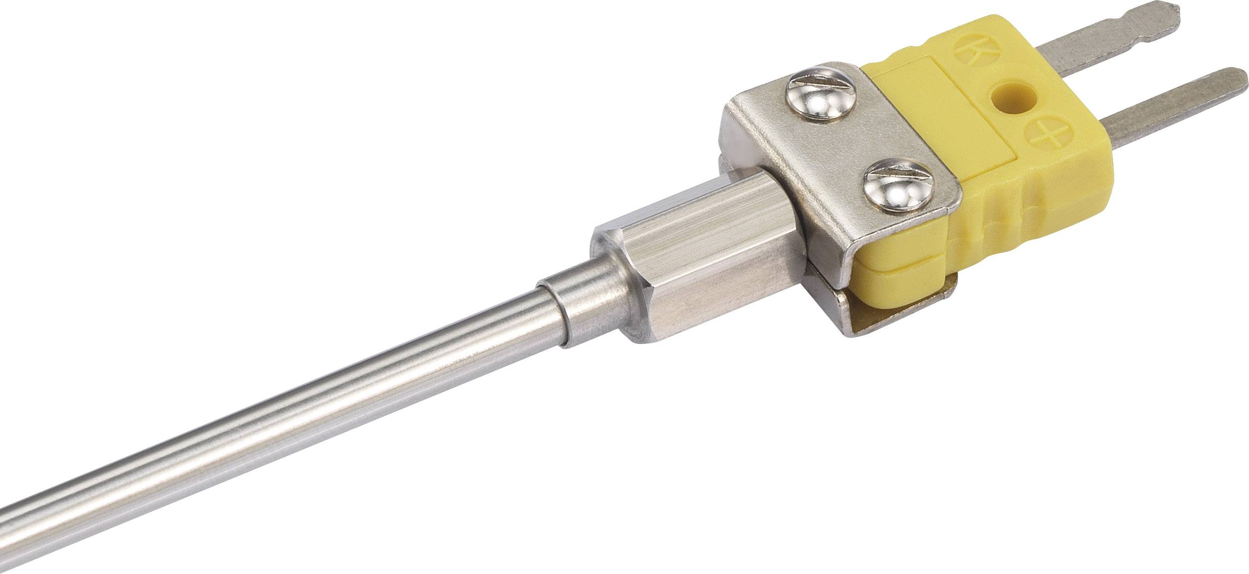 Una spina termocoppia con testa gialla e due spine metalliche, idonea per misurazioni di temperatura in applicazioni industriali.