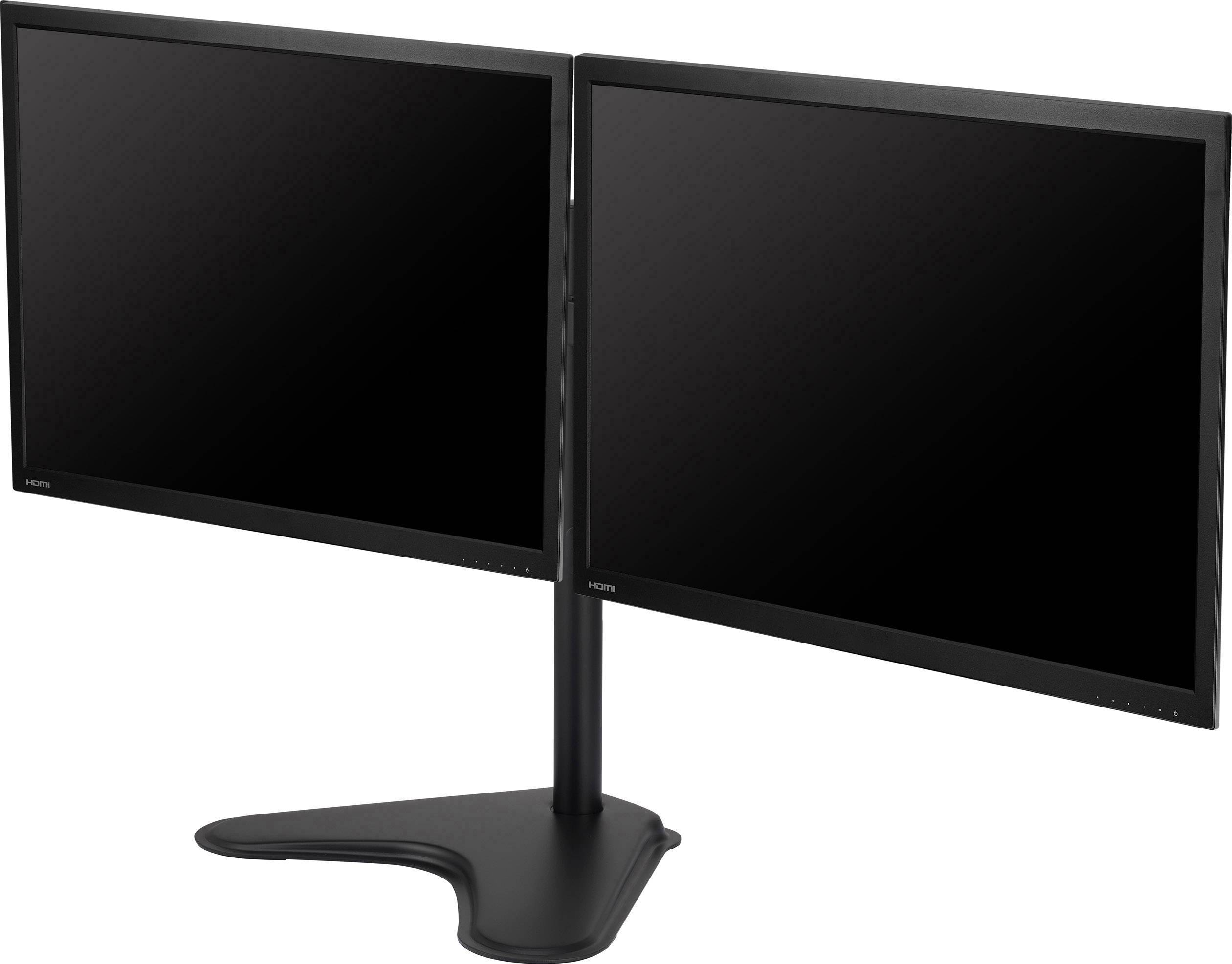 Due monitor neri per computer montati su un unico supporto, disposti uno accanto all'altro, mostrano un display vuoto.