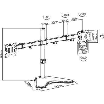 Un piano di montaggio di un sistema di monitor multibraccio con dimensioni in millimetri. Mostra i punti di fissaggio e le indicazioni di altezza.