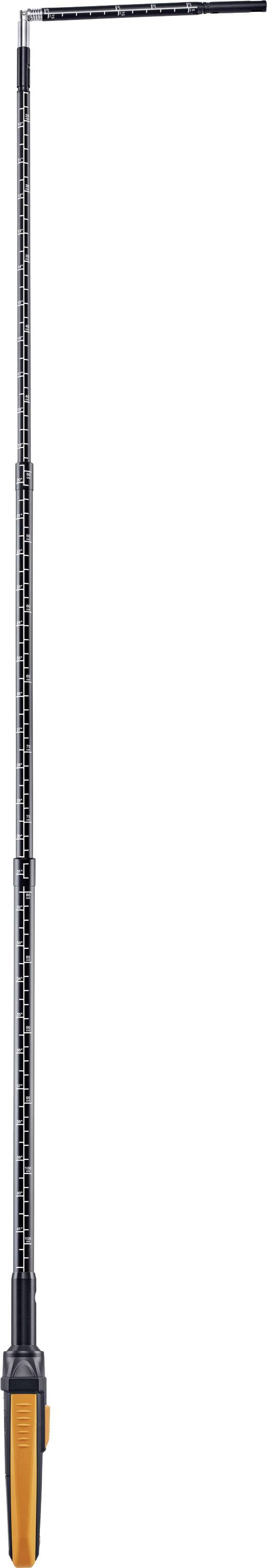Un lungo bastone per attrezzi da giardino telescopico con impugnatura arancione e scale graduate nere lungo la lunghezza.