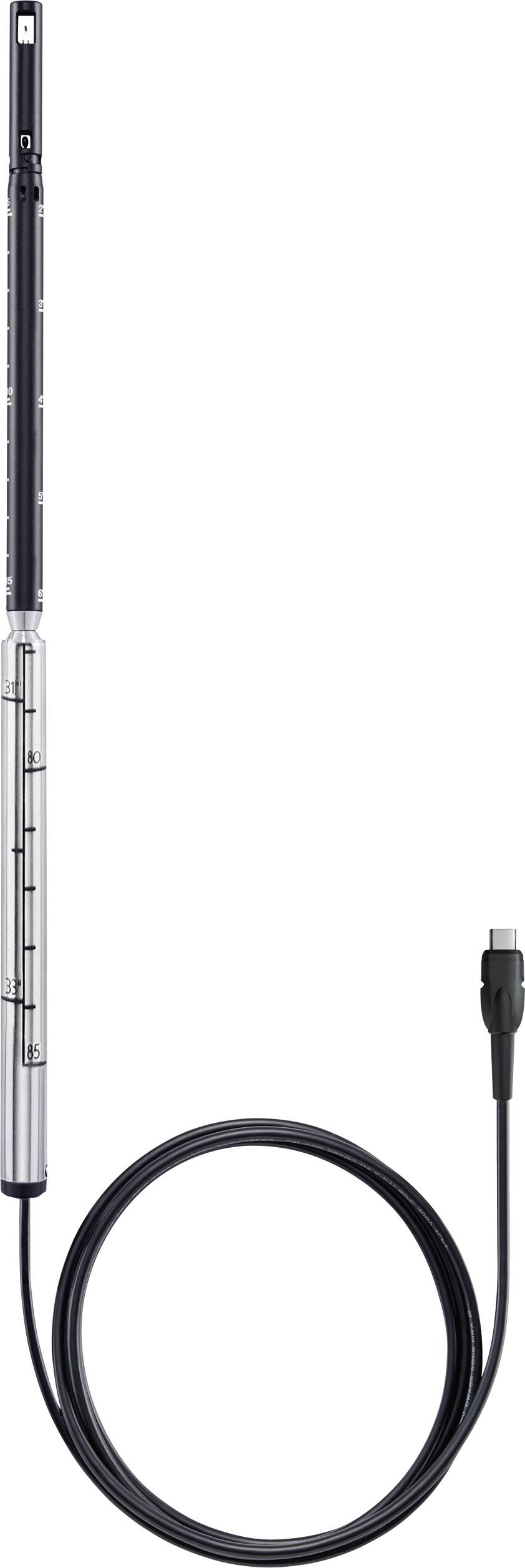 Dispositivo di misurazione del flusso d'aria con sonda lunga e cavo, idoneo per misurazioni precise in condotti di ventilazione o aree di difficile accesso.