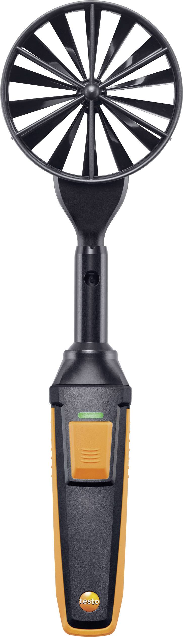 Dispositivo di misurazione manuale con girante, impugnatura nera e arancione, idoneo per misurare la velocità dell'aria e la temperatura.
