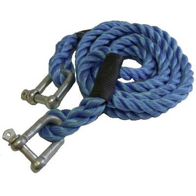 Un cavo blu spesso con due ganci metallici argentati.