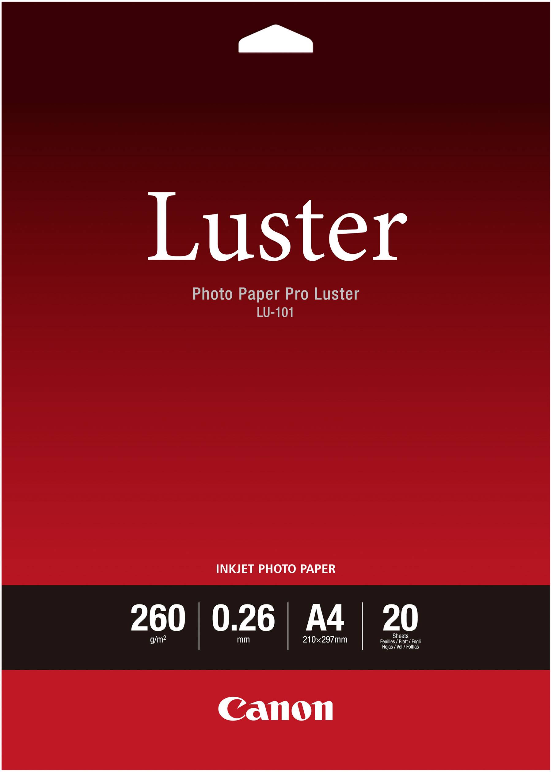 Confezione rossa di Carta Fotografica Canon Pro Luster, 260 g/m², Formato A4, 20 fogli.