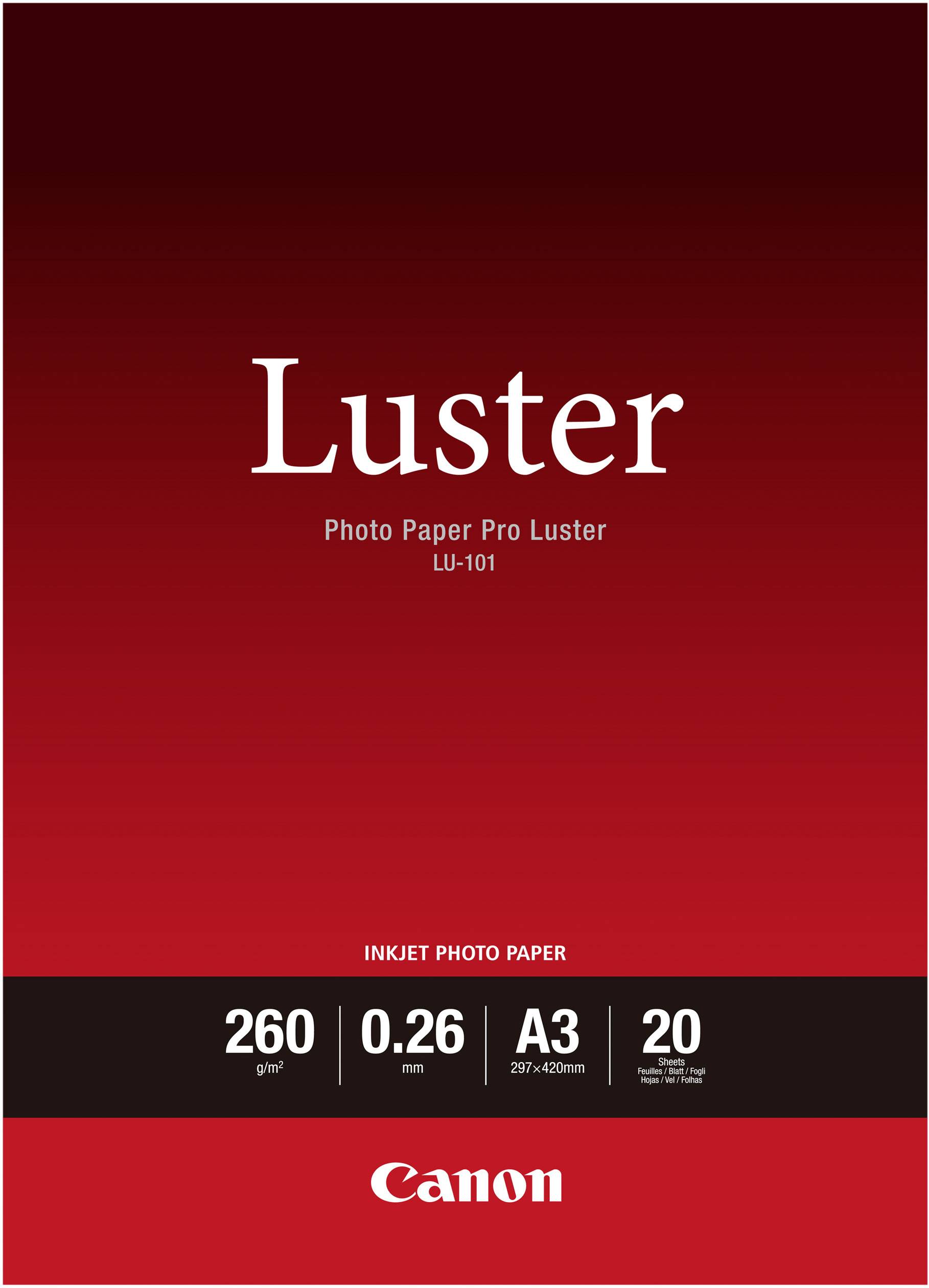 Carta fotografica Canon Photo Paper Pro Luster LU-101, copertina rossa. Dettagli: 260 g/m², 0,26 mm, A3 (297 x 420 mm), 20 fogli.