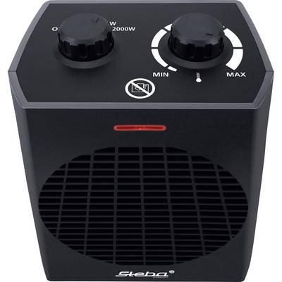 Un termoventilatore nero con due manopole per la regolazione della temperatura. Una luce rossa indica lo stato di funzionamento.