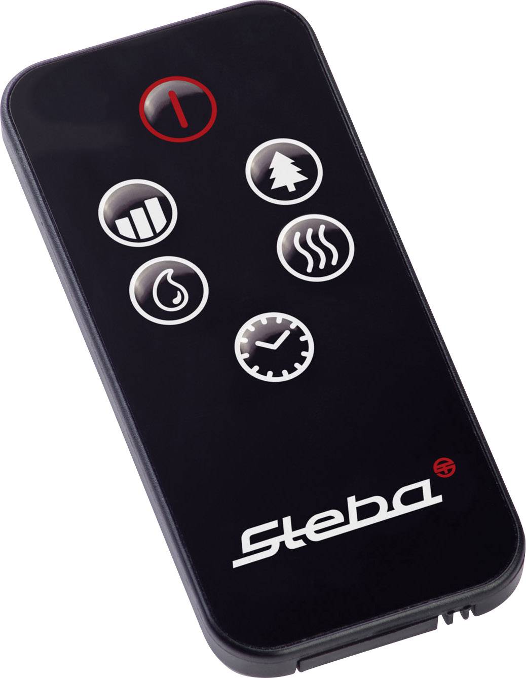 Telecomando nero con sei simboli: Acceso/Spento, Ventola, Albero, Goccia, Termostato, Orologio. Nome del marchio 'Steba' visibile.