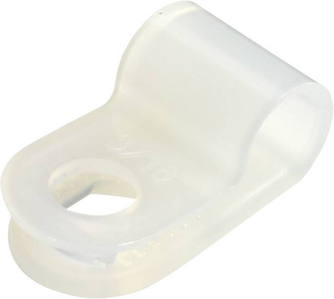 Morsetto in plastica bianco con foro di fissaggio, utilizzato per fissare cavi su superfici.