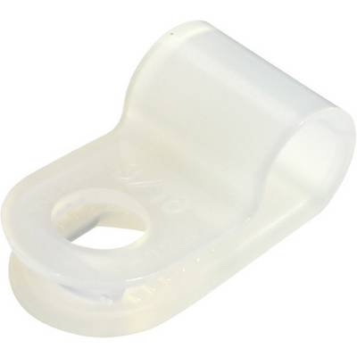 Morsetto in plastica bianco con foro di fissaggio, utilizzato per fissare cavi su superfici.