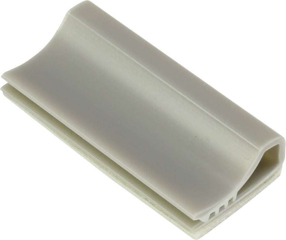 Profilo in plastica grigio, leggermente curvato, con un'apertura su un lato. Utilizzato per la gestione dei cavi o per la protezione dei bordi.