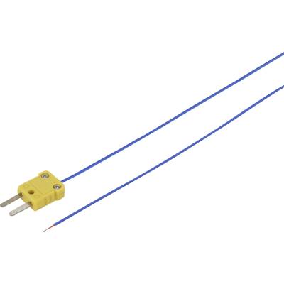 Termocoppia di tipo K gialla con due cavi blu, utilizzata per la misurazione della temperatura in applicazioni industriali.