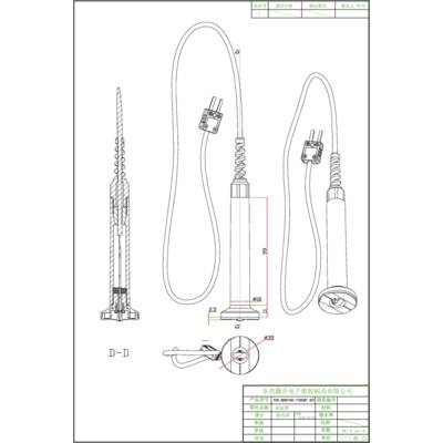 Disegno tecnico di un elemento riscaldante elettrico con cavo e spina, che mostra la vista interna e i dettagli esterni con dimensioni in scala.