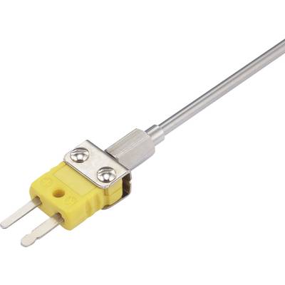 Un connettore termocoppia giallo con due spinotti metallici, collegato a un'asta metallica lunga e sottile per misurazioni di temperatura.