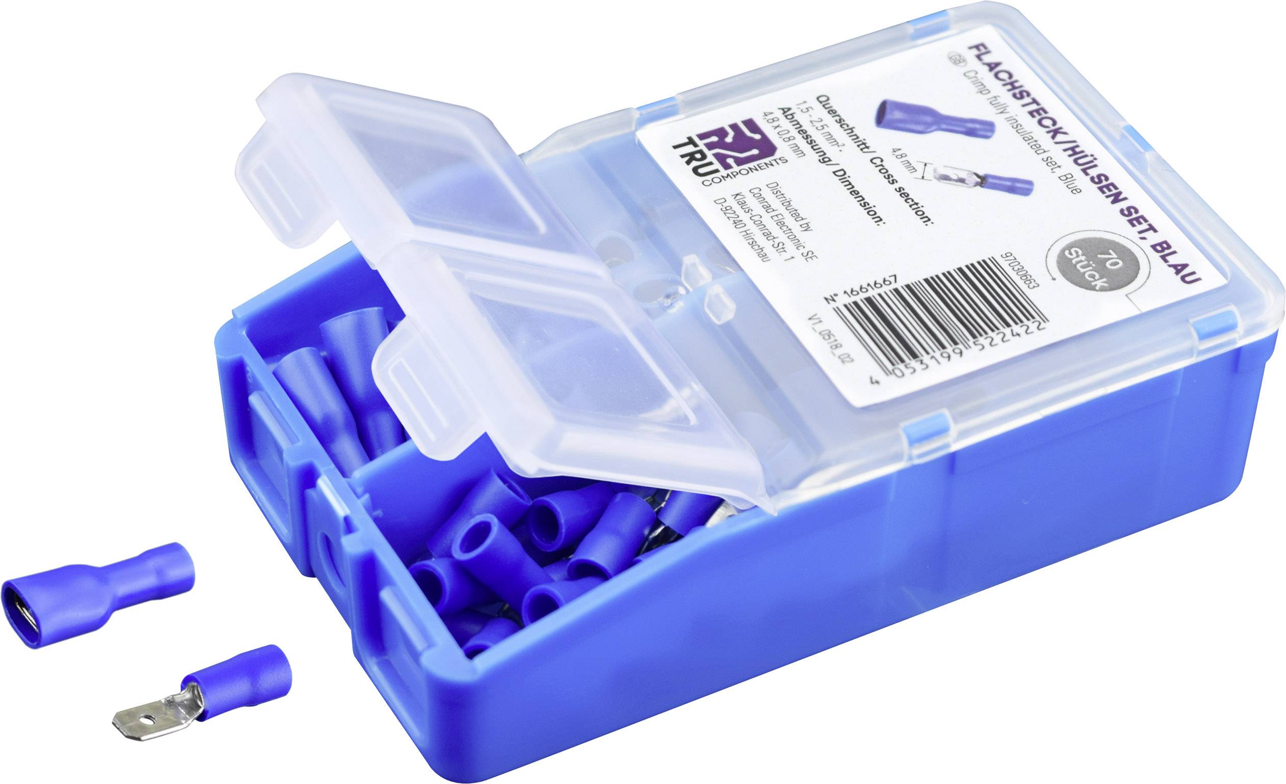 Un set aperto con capicorda a innesto piatti blu, idonei per connessioni elettriche. Contiene diversi connettori in una scatola blu.