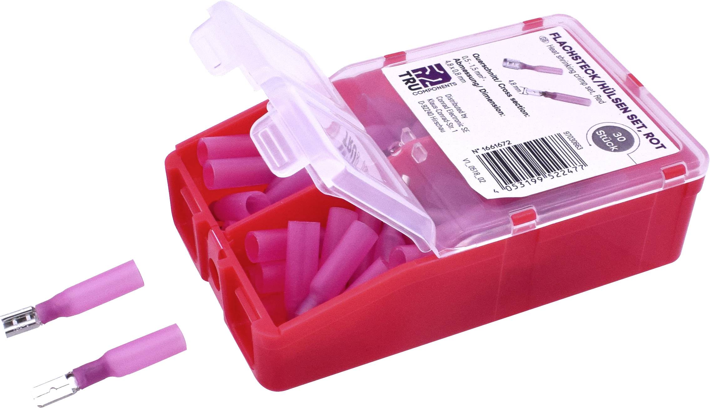 Scatola rossa in plastica con capicorda rosa. Il coperchio aperto mostra diversi capicorda. Etichetta di imballaggio con informazioni sull'articolo visibile.