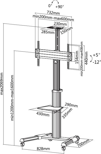 Disegno tecnico di un supporto regolabile in altezza con più piattaforme e supporti. Quote e angoli sono indicati.