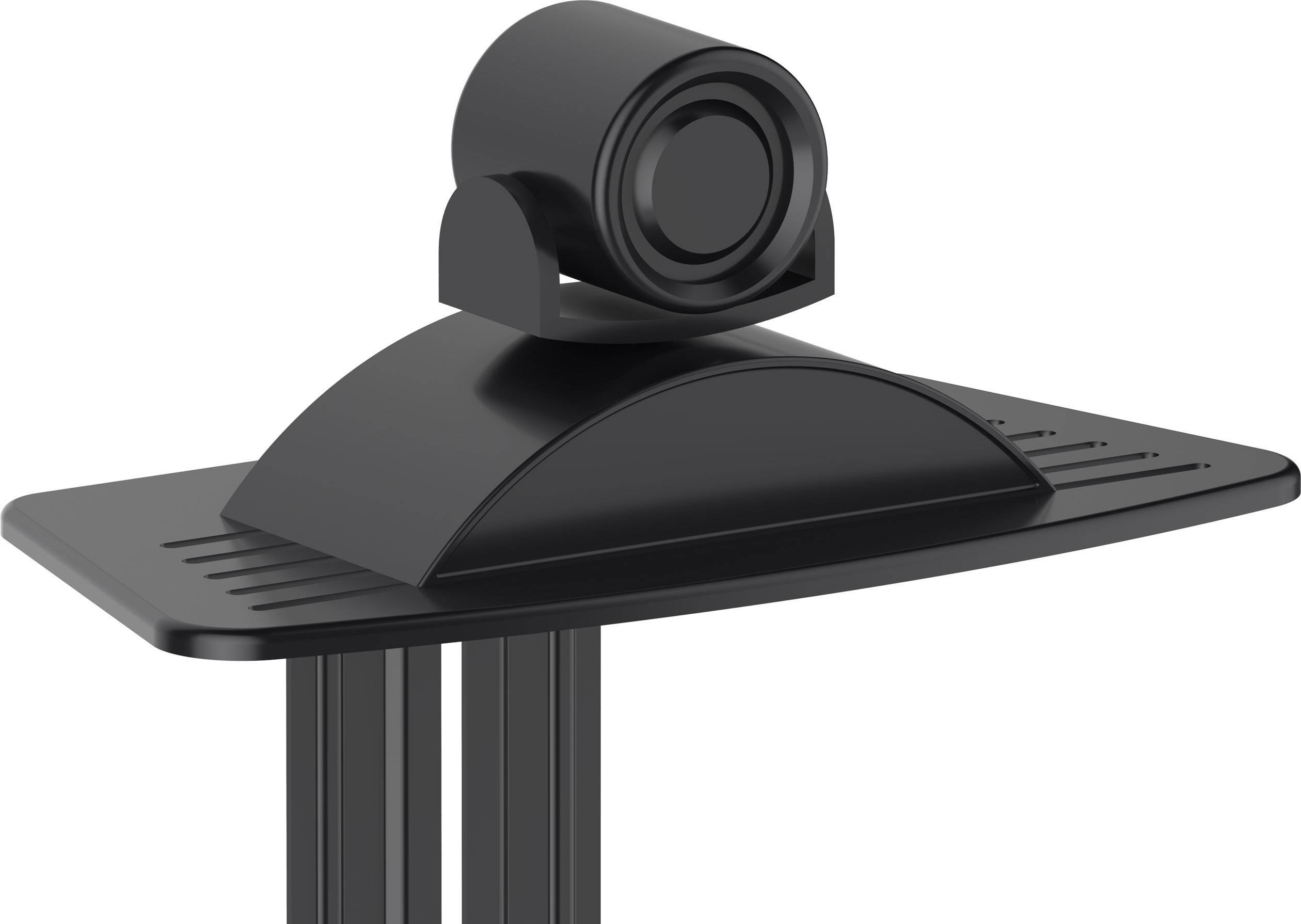 Telecamera Avaya per conferenze in nero su supporto da tavolo; vista laterale che mostra la robusta costruzione e il design moderno per videoconferenze.