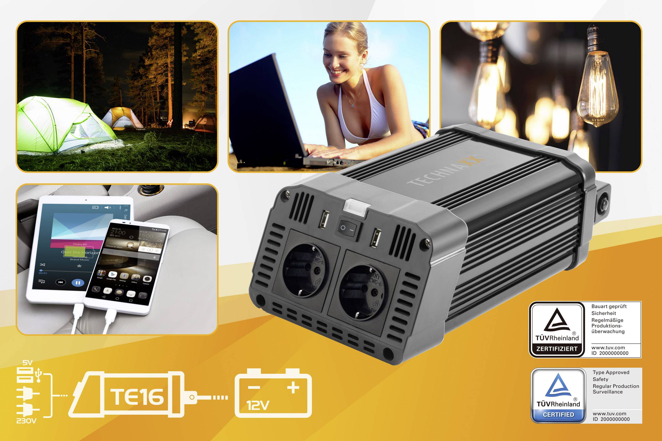 L'immagine mostra un convertitore di tensione con due prese elettriche. In alto sono presenti immagini di un camper, una donna con un laptop, un dispositivo USB e lampadine. Certificazioni: TÜV Rheinland.