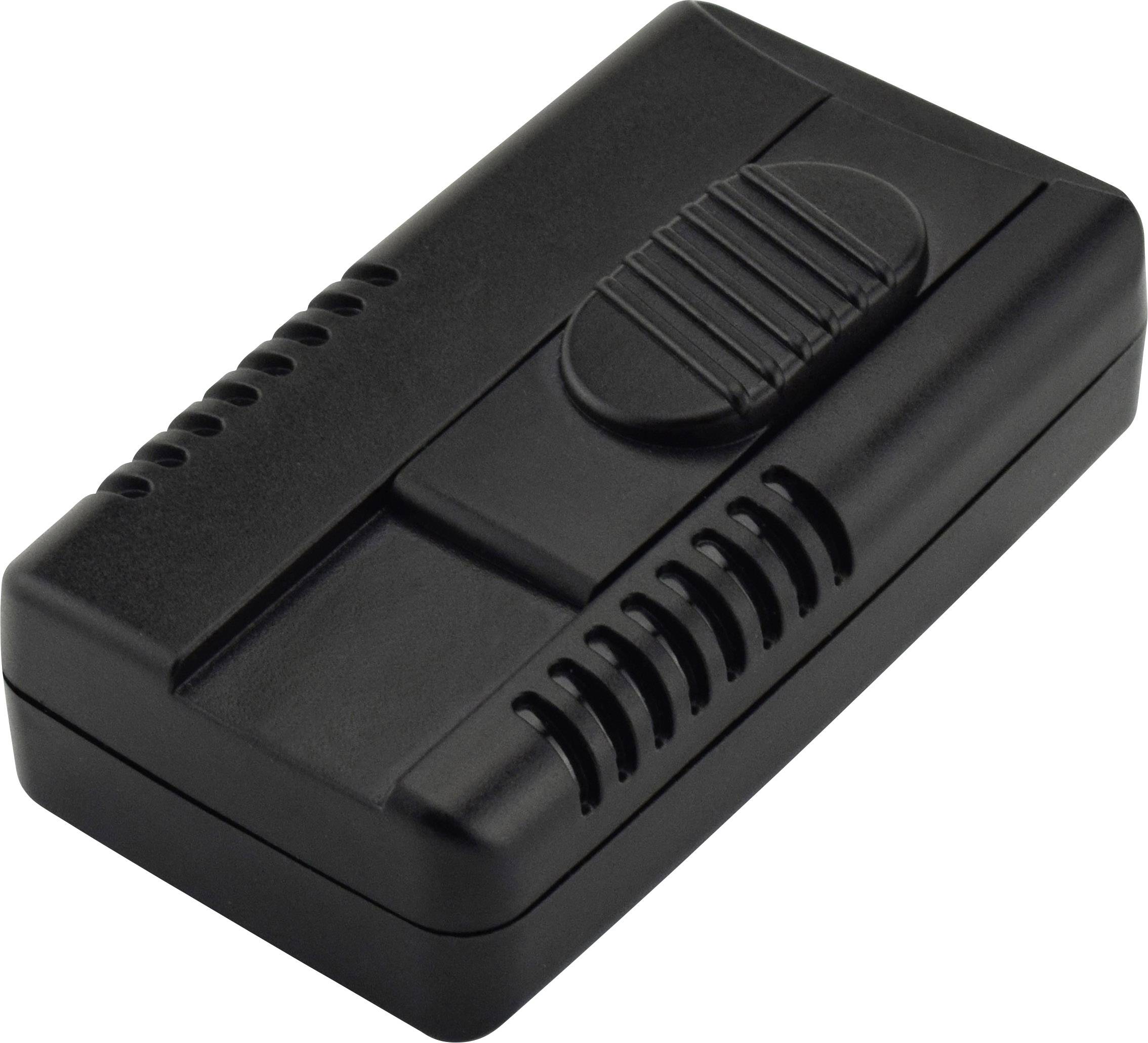 Un piccolo involucro rettangolare nero in plastica con fessure di ventilazione e un'elevazione ovale sulla parte superiore.