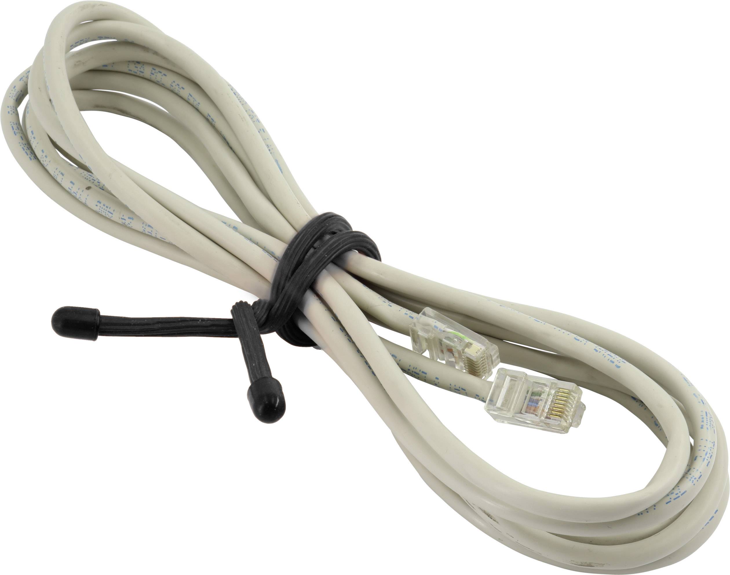 Un cavo Ethernet grigio arrotolato con un connettore RJ45 collegato, fissato da una fascetta nera.