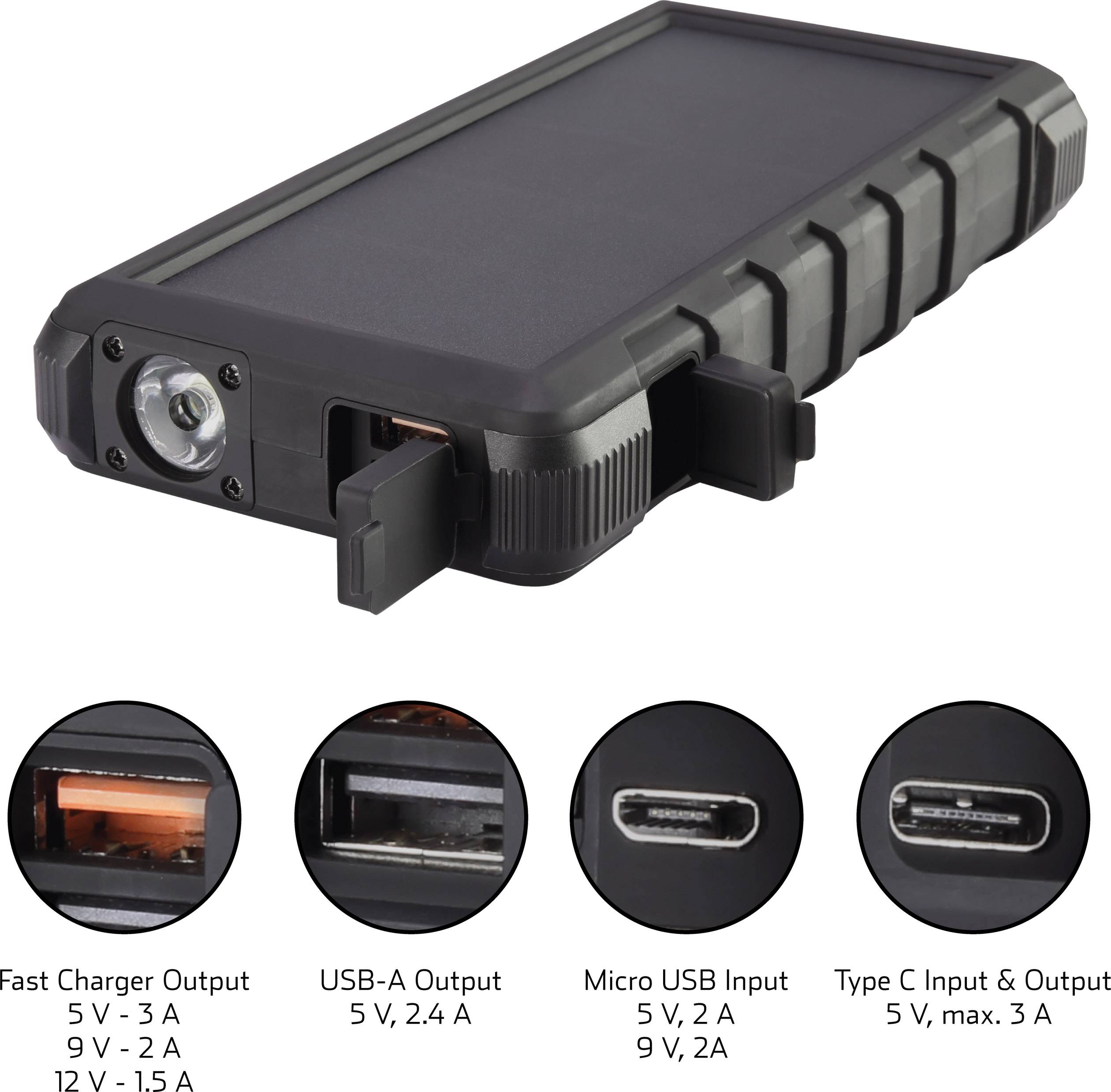 Caricabatterie portatile nero con struttura robusta; mostra le porte: uscita ricarica rapida, USB-A, ingresso Micro-USB, uscita Tipo-C.