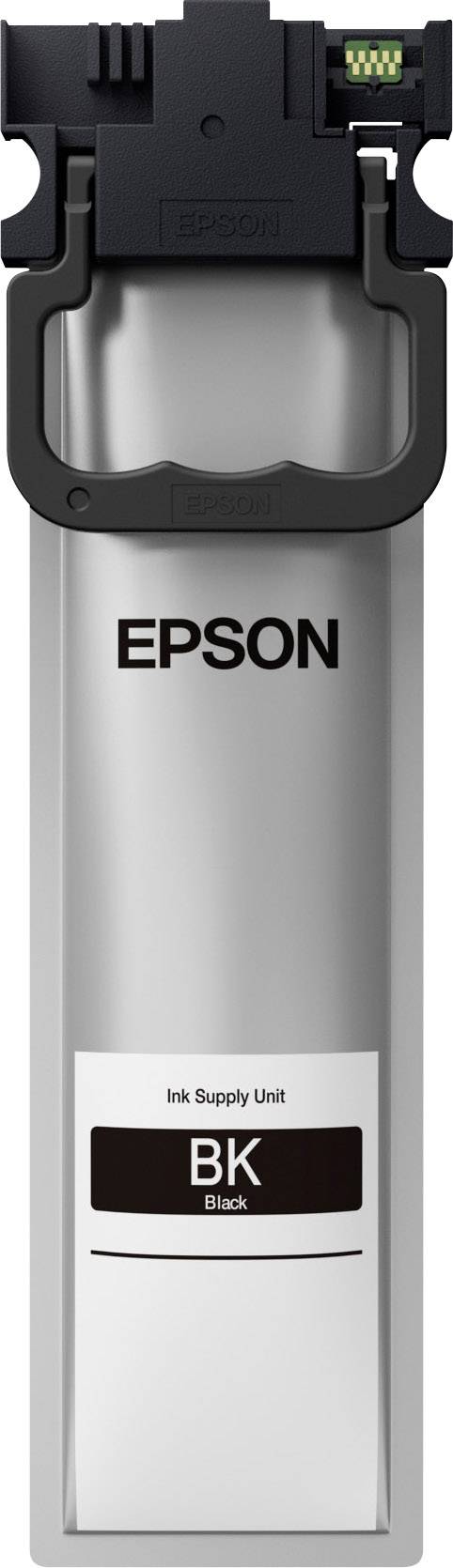 Cartuccia d'inchiostro Epson nera per stampante, forma rettangolare con coperchio nero e scritta 'EPSON' al centro.