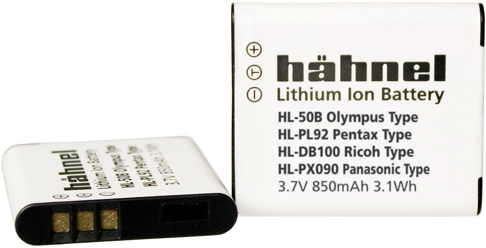 Batteria agli ioni di litio Hähnel per modelli Olympus, Pentax, Ricoh e Panasonic; 3,7V, 850mAh, 3,1Wh.
