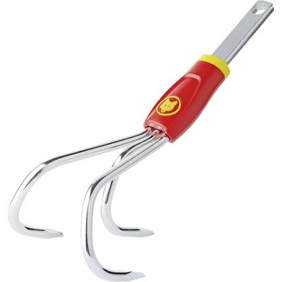 Un'erpice a mano con tre rebbi metallici ricurvi e un manico rosso. Adatta per lavori di giardinaggio come allentare e smuovere il terreno.