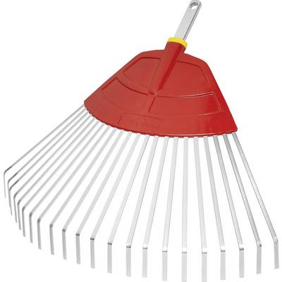 Un rastrello da giardino rosso con lunghi rebbi di metallo argentati. La testa del rastrello è a forma di trapezio e ha un manico grigio.