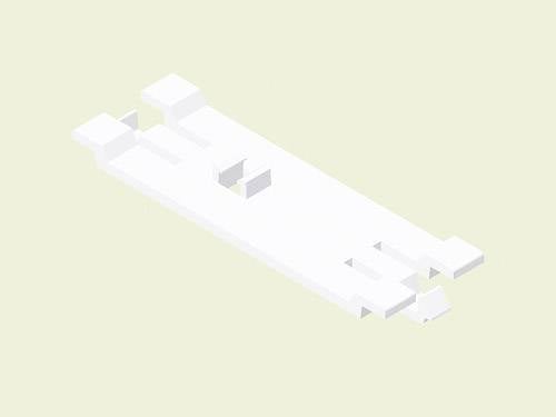Rappresentazione isometrica di una semplice struttura 3D bianca su uno sfondo beige. La struttura presenta rilievi rettangolari.