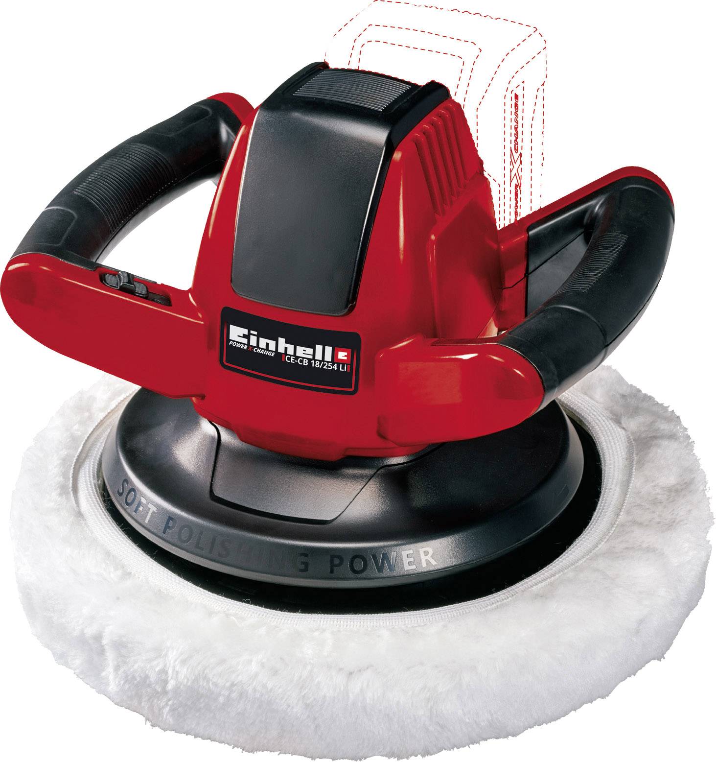 Un lucidatore rosso, wireless, con manici neri e pad di lucidatura bianco, ideale per la lucidatura di superfici.