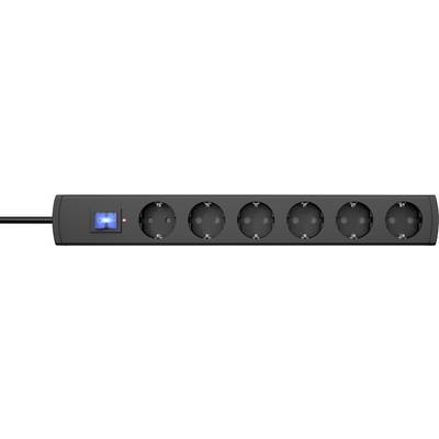 Multipresa a sei prese con interruttore blu illuminato e involucro nero, adatta per spine europee.