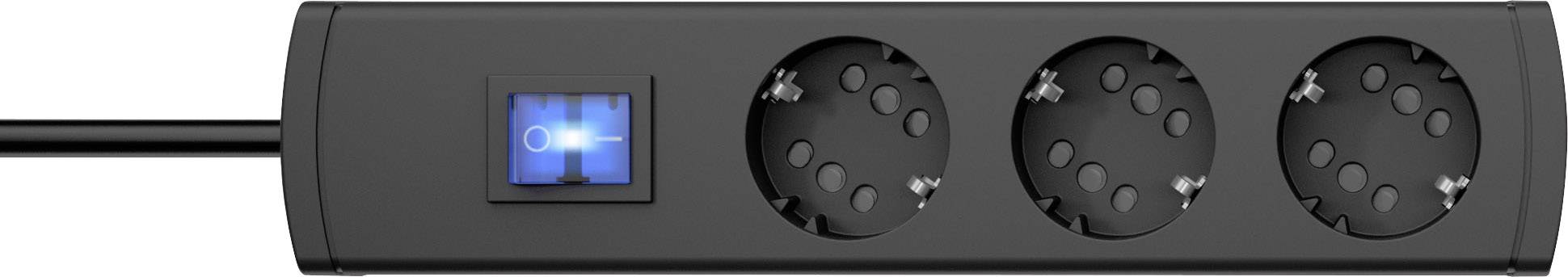 Multipresa nera con tre prese Schuko e un interruttore illuminato sul lato sinistro.