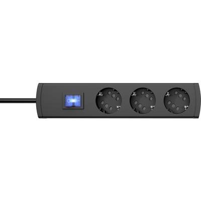 Multipresa nera con tre prese Schuko e un interruttore illuminato sul lato sinistro.