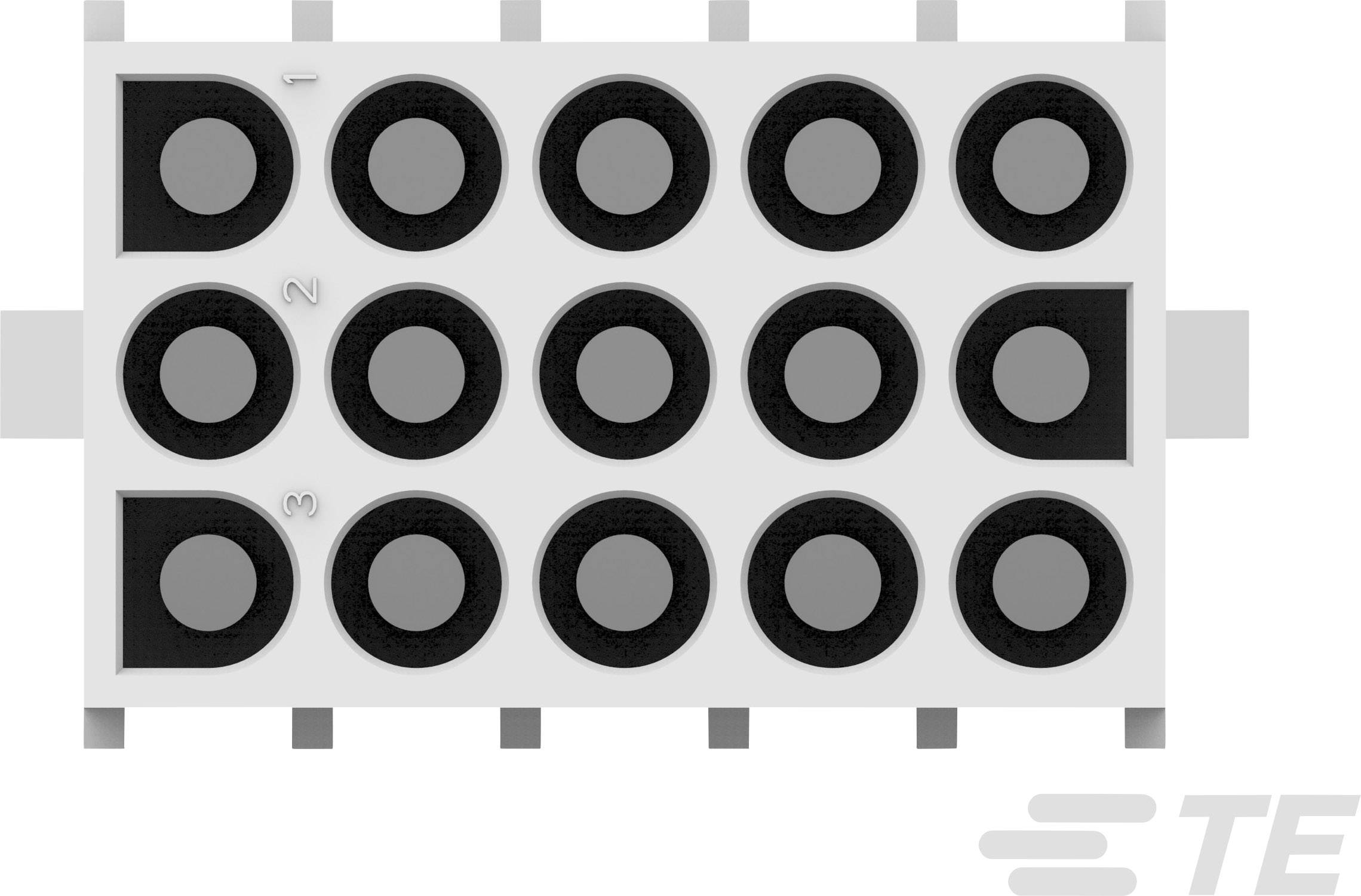 Diagramma di un connettore elettrico con quindici pin rotondi, disposti in cinque file da tre pin ciascuna.