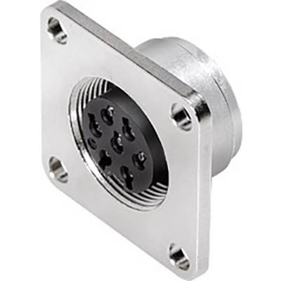 Un connettore rotondo di colore argento metallizzato a 8 pin, con elemento di fissaggio quadrato, adatto per dispositivi industriali o elettronici.