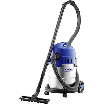 Aspirapolvere industriale con scocca blu e ugello nero. Modello: Nilfisk Buddy II 18 Inox. Adatto per superfici umide e asciutte.