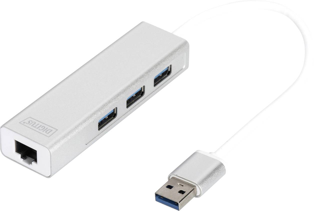 Hub USB argentato con tre porte USB 3.0 e una porta Ethernet, collegato tramite un breve cavo con un connettore USB.
