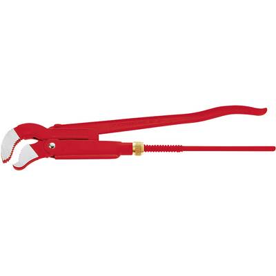 Pinza regolabile rossa con impugnatura regolabile e ganasce dentate, adatta per afferrare e ruotare tubi o oggetti cilindrici.