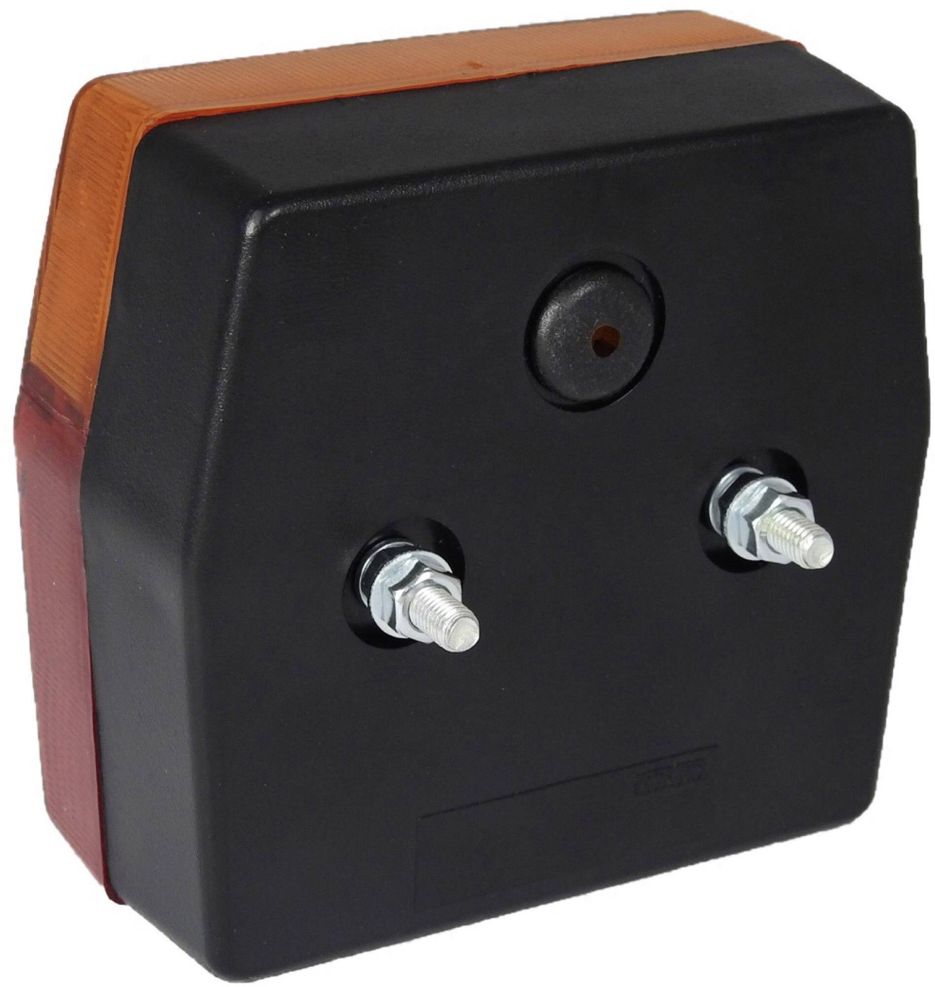 Fanale posteriore rettangolare con lente arancione e rossa. Due bulloni metallici sporgono per il fissaggio.