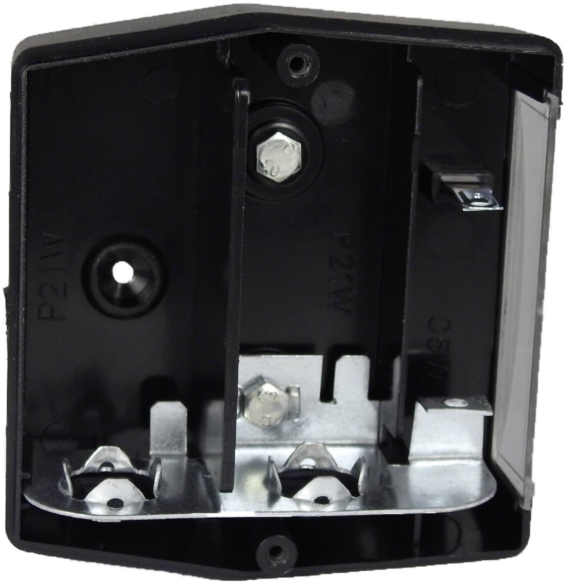 Interno del contenitore nero e bianco con fermagli metallici e giunzioni a vite, adatto per il montaggio di componenti elettrici.