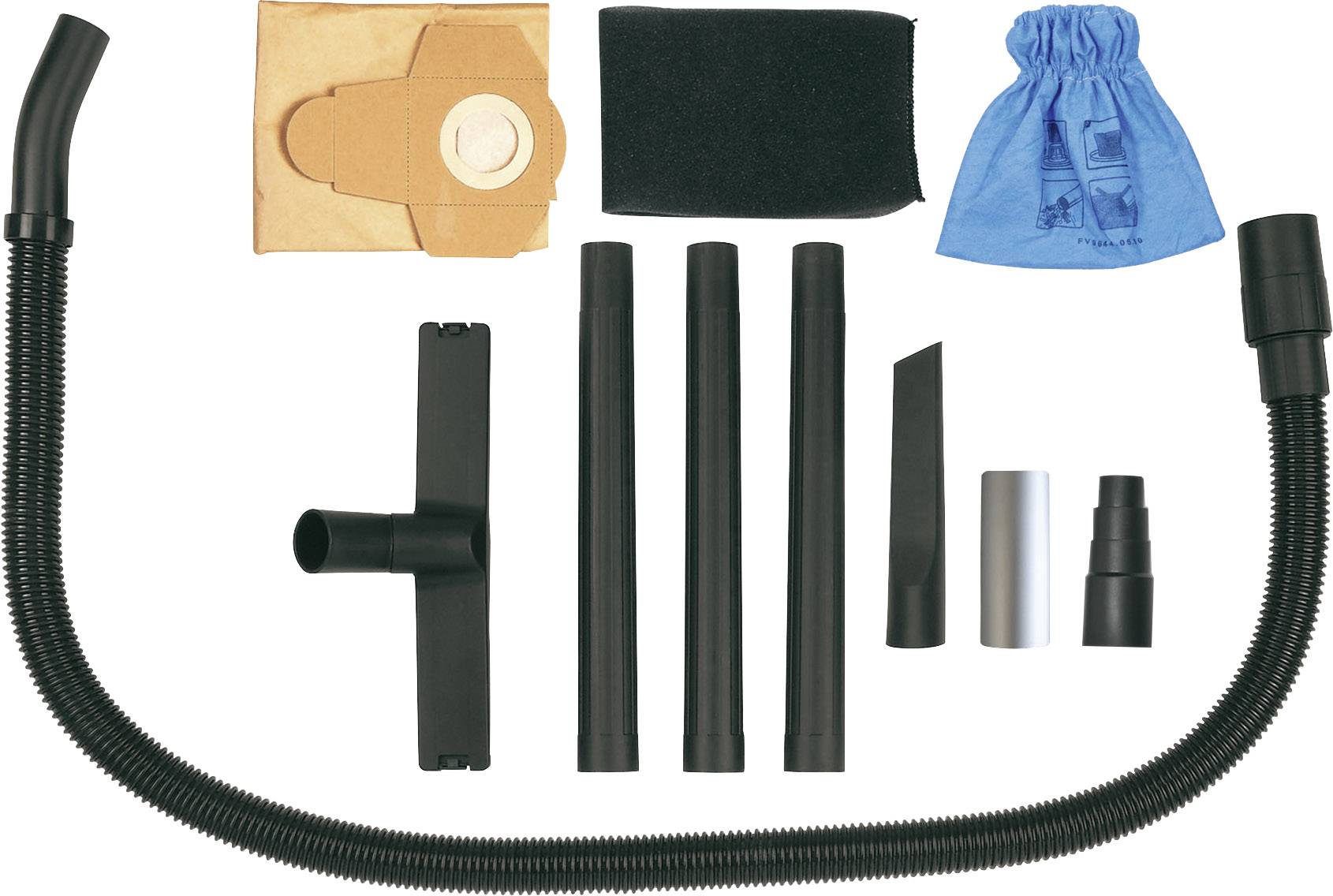 Set di accessori per aspirapolvere con tubo flessibile, ugelli, prolunga, sacchetti per la polvere e sacchetto in tessuto su sfondo bianco.