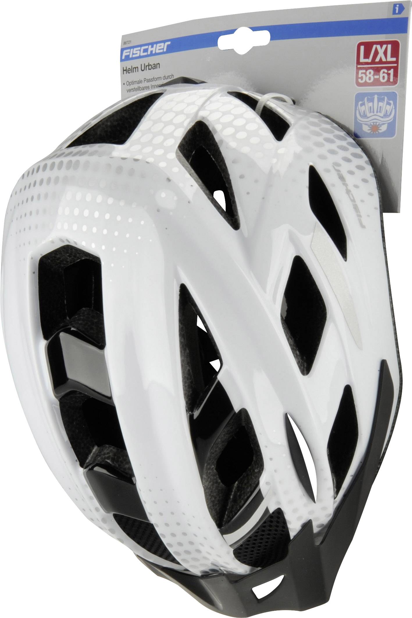 Casco da bicicletta bianco con aperture di ventilazione nere, taglia L/XL, per uso urbano. La confezione mostra il marchio 'Fischer'.