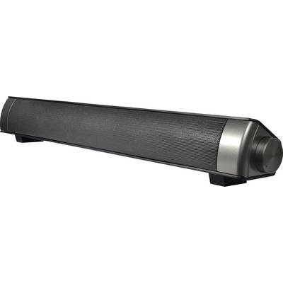 Soundbar color argento con griglia altoparlanti nera e grande manopola di regolazione sulla destra, posizionata su un piedistallo nero.