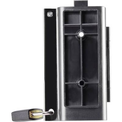 Supporto metallico nero con serratura e gancio per le chiavi, generalmente utilizzato per fissare in modo sicuro un oggetto a una parete.