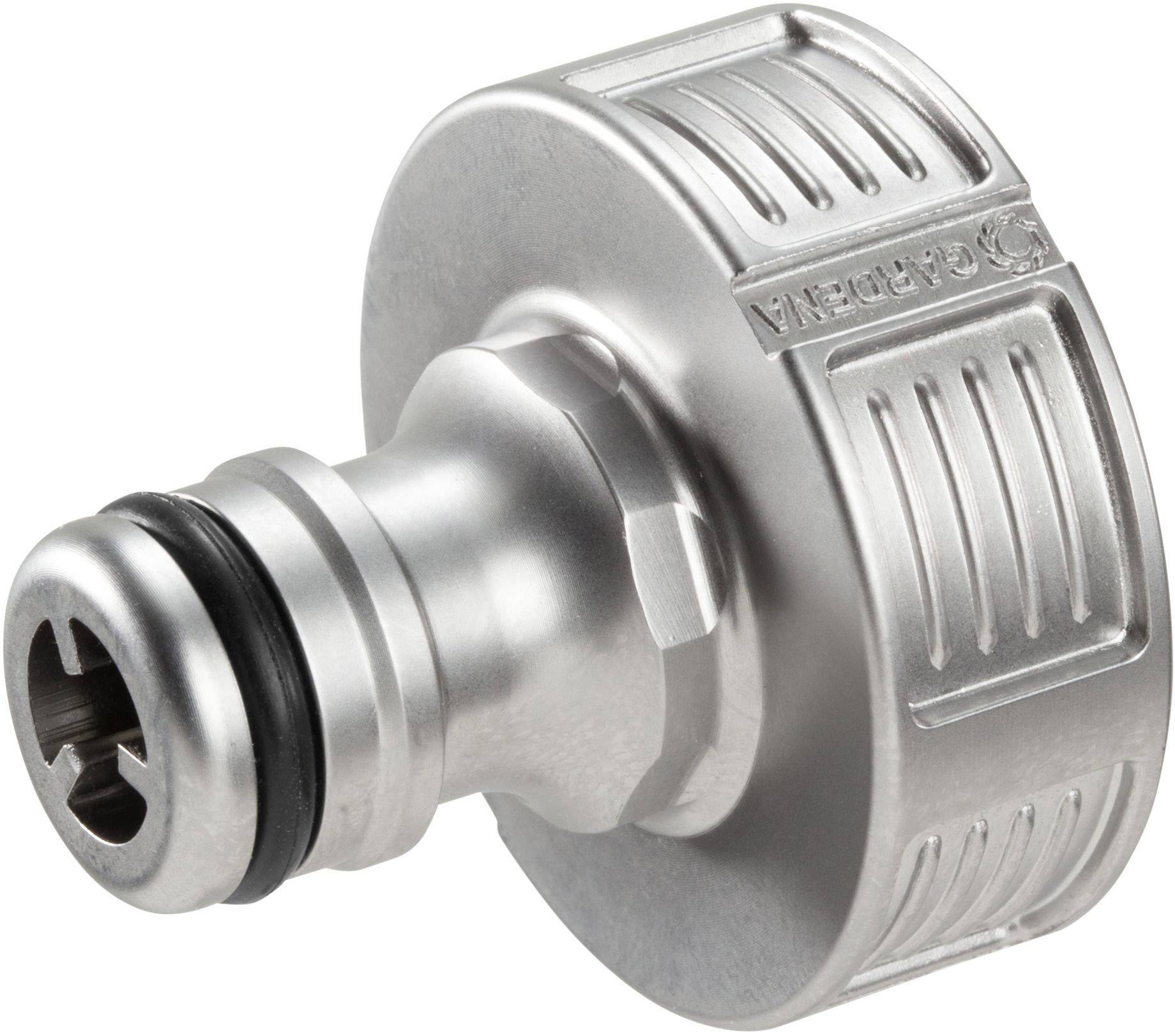 Raccordo metallico, forma cilindrica, con filettatura e guarnizione in gomma. Utilizzato per collegare tubi o flessibili.
