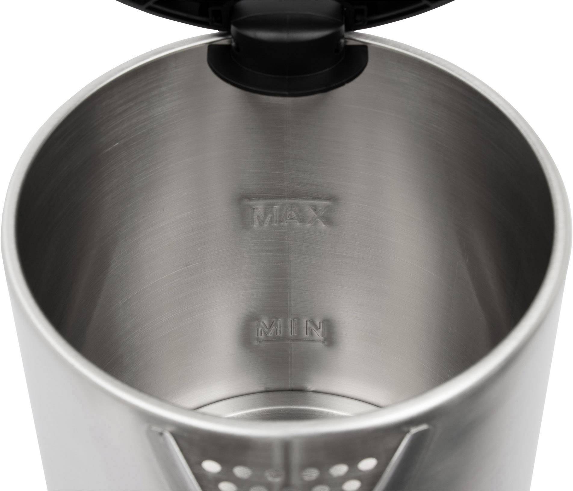 Un bollitore in acciaio inox aperto mostra i segni interni 'MAX' e 'MIN' per indicare il livello massimo e minimo di riempimento dell'acqua.